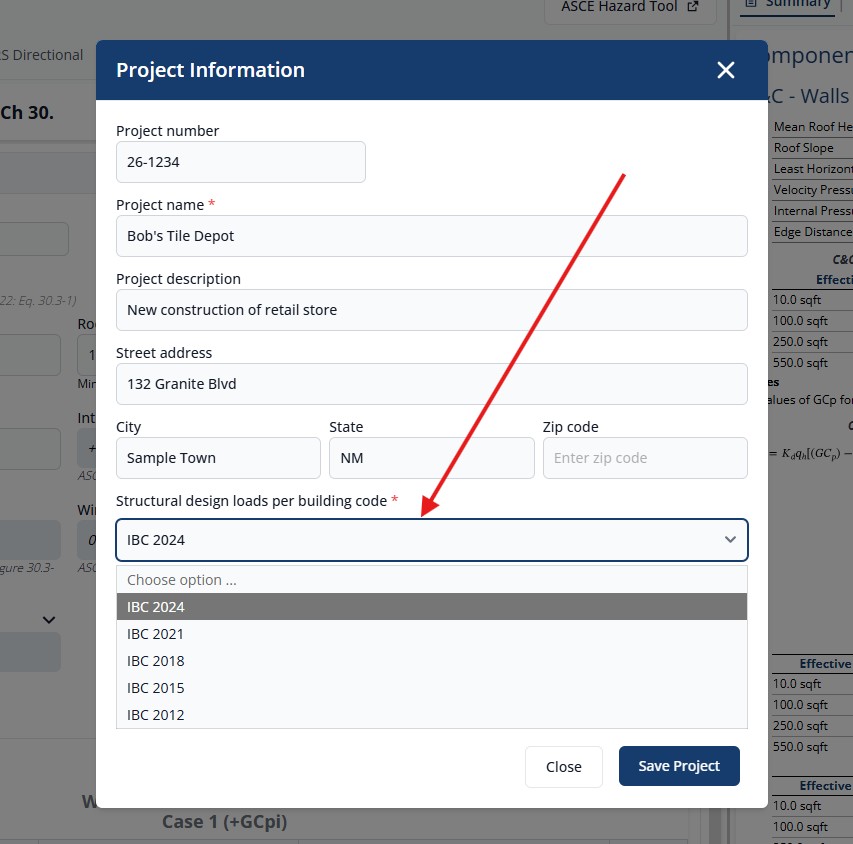 The Prose Project Information dialog with the structural design loads per building code field open, listing IBC 2024, 2021, 2018, 2015, and 2012, while the components and cladding results sit behind it.